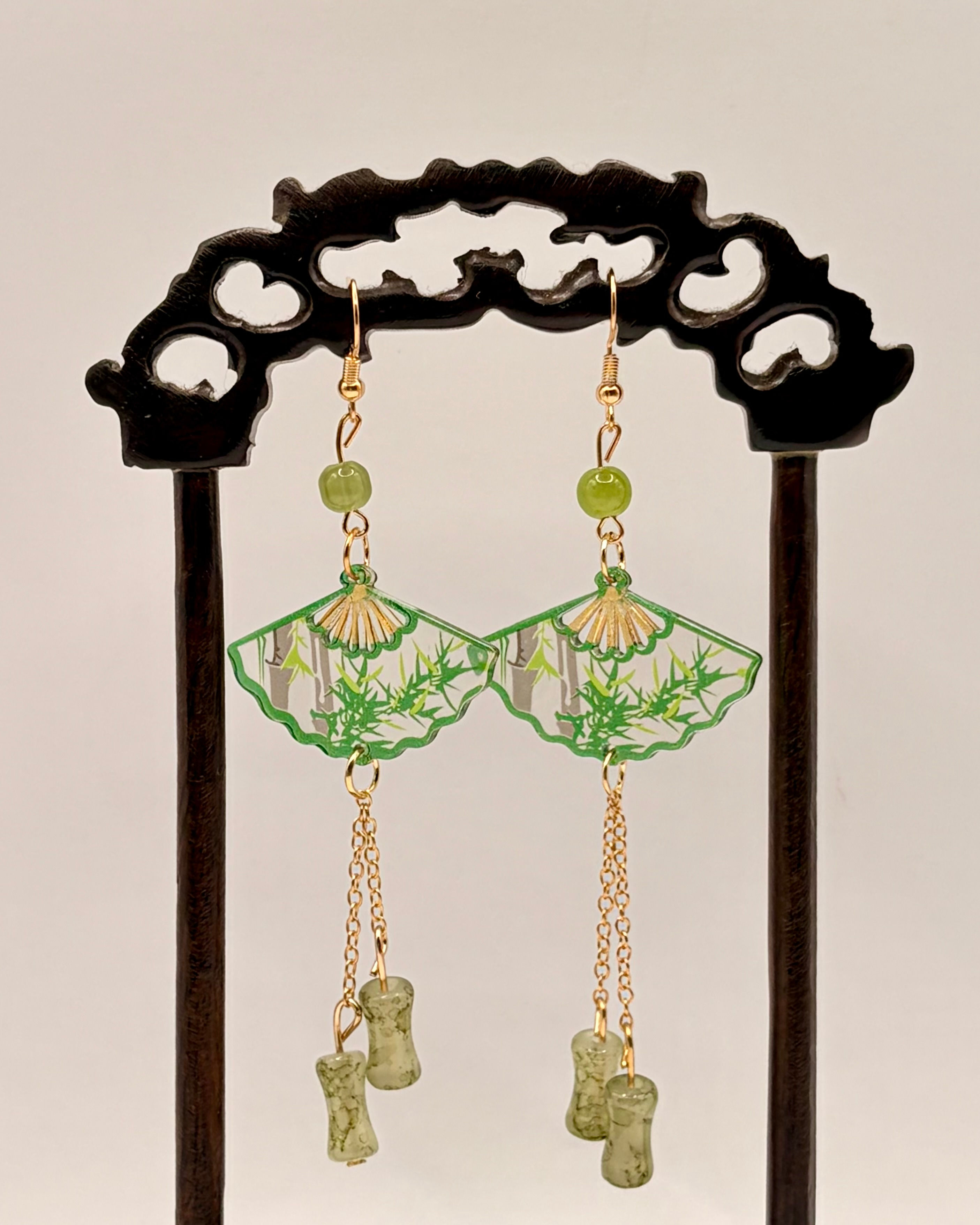 Long Gold and Green Resin Fan Earrings with Bamboo Leaves and Bamboo Drops