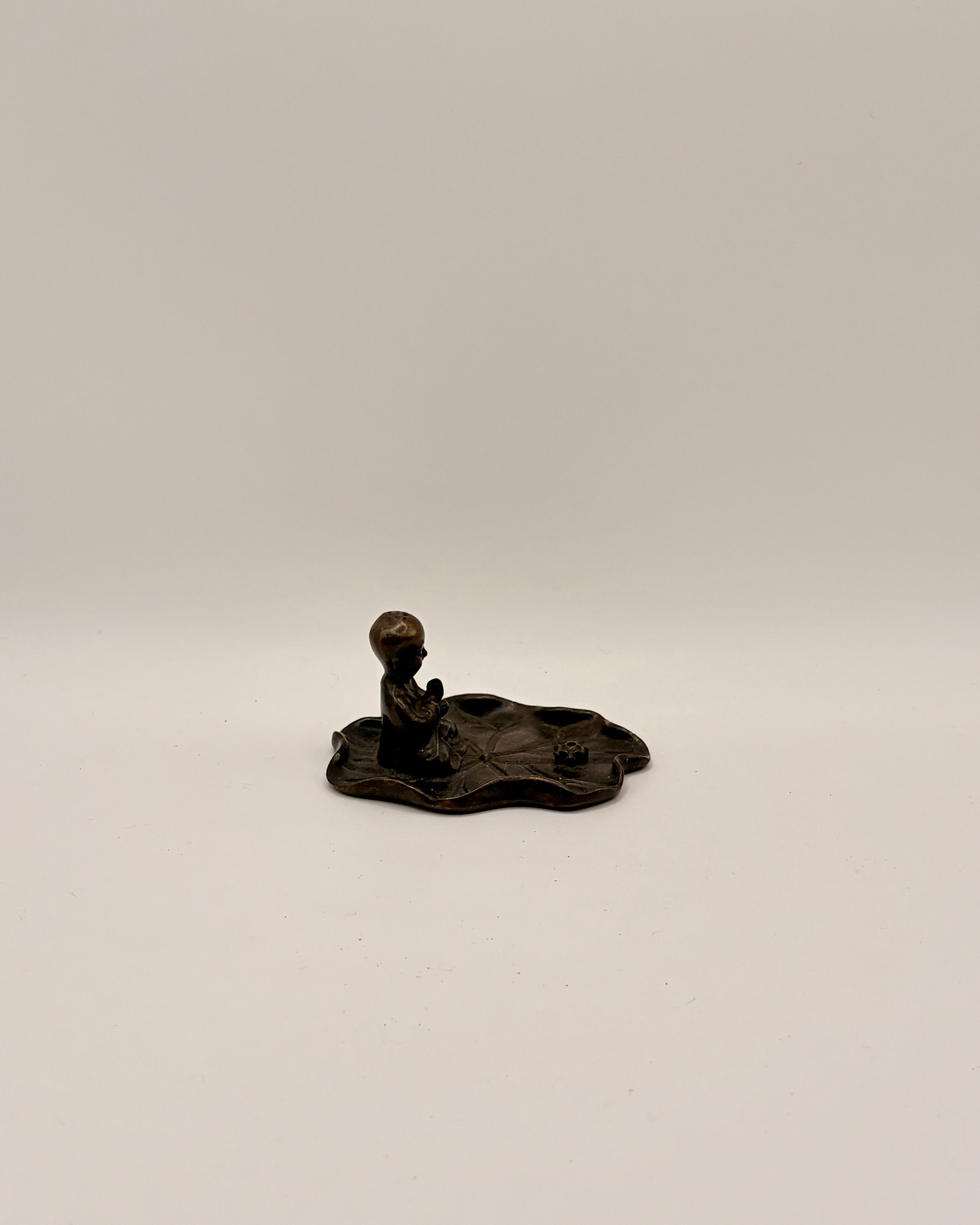 Handmade Solid Bronze Meditating Monk on Lotus Leaf Incense Stick Holder