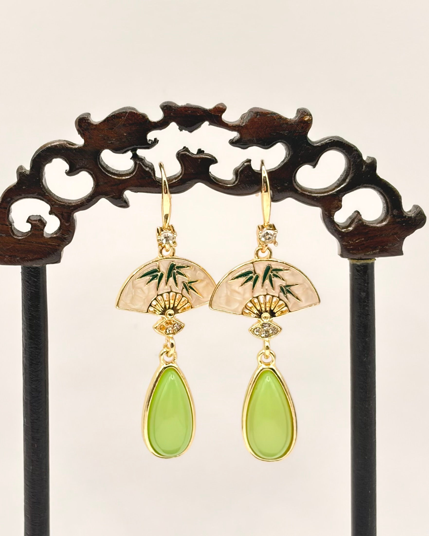 Green Jade Drop Earrings with Hand-Painted Bamboo Fan Tops