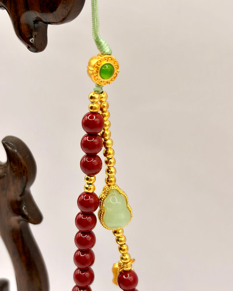 Thumbnail: Handmade Cinnabar Bead Phone Charm with Jade Hulu Gourd Charm