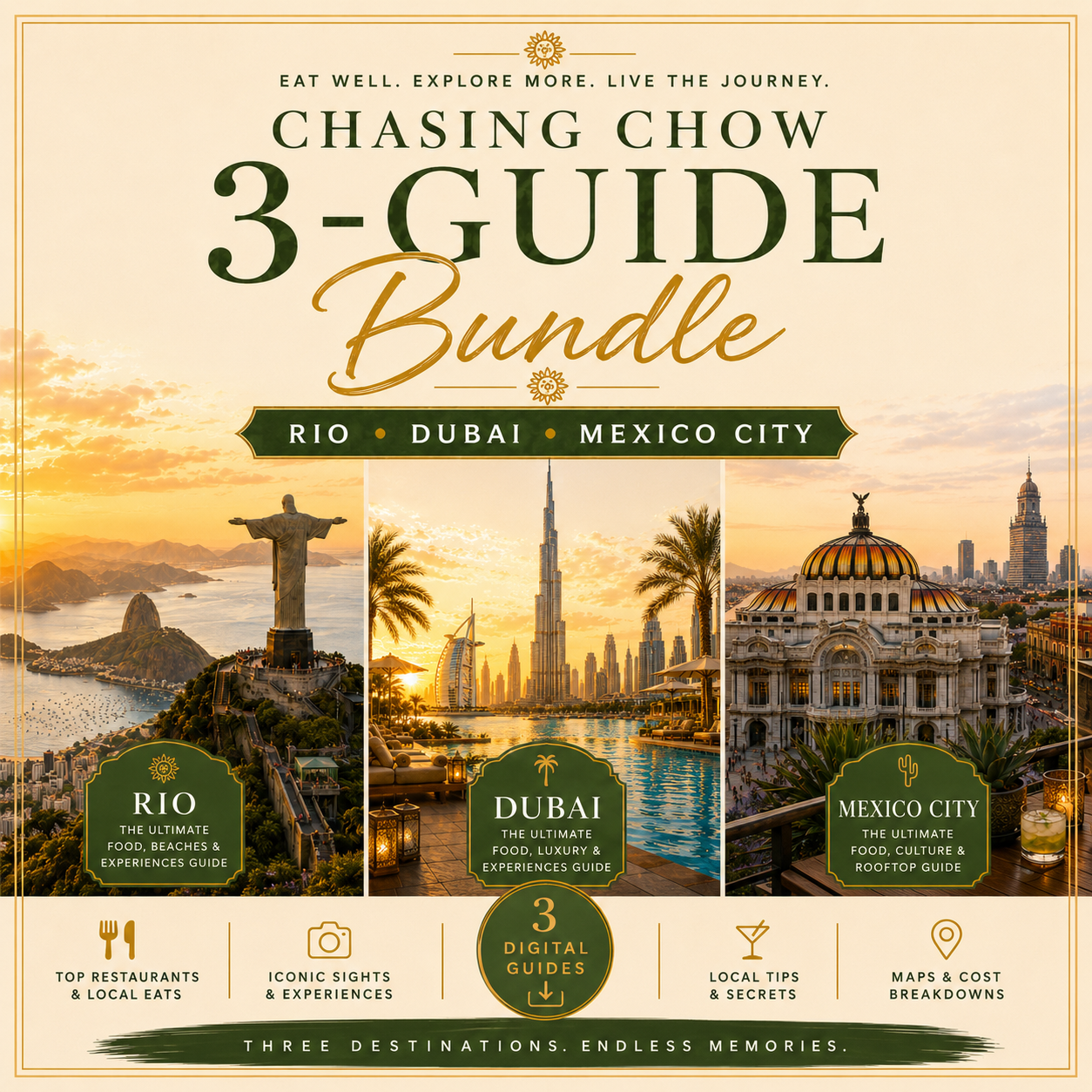 Chasing Chow 3-Guide Travel Bundle cover featuring Rio de Janeiro, Dubai, and Mexico City digital travel guides with maps, co