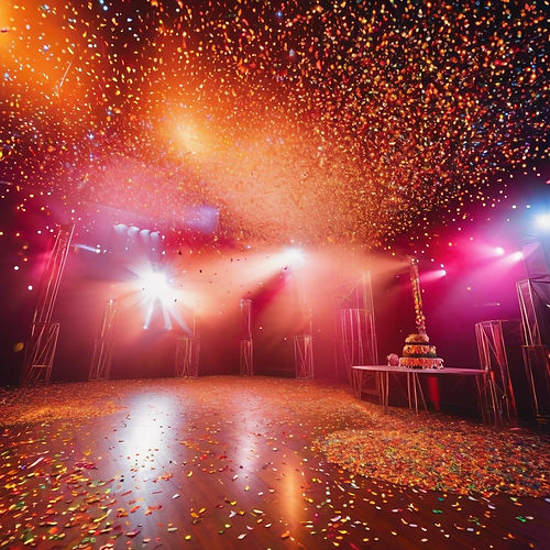 I want three images that depicts Confetti, a lot of Led moving heads lights and Pyrotechni