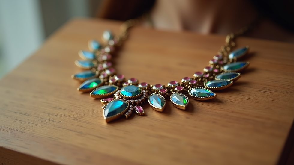 Close-up view of a colorful statement necklace on a wooden table