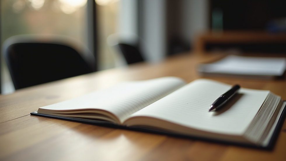 Close-up view of a journal and pen on a wooden desk, symbolizing self-reflection and note-taking