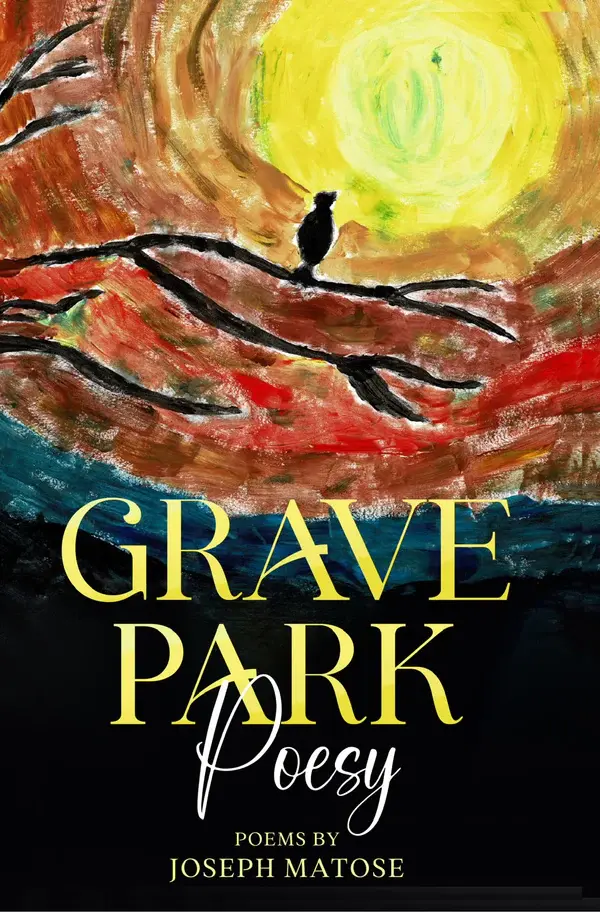 Book cover: 'Grave Park' with a dark, textured background, a silhouette of a bird, and orange and blue hues