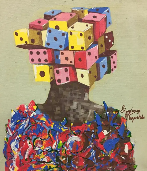Painting of a figure with a head made of colorful dice, and a body adorned with colorful objects, on a light background