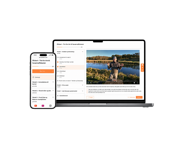 En smarttelefon og en PC som viser et online kursus i at fiske i åen.