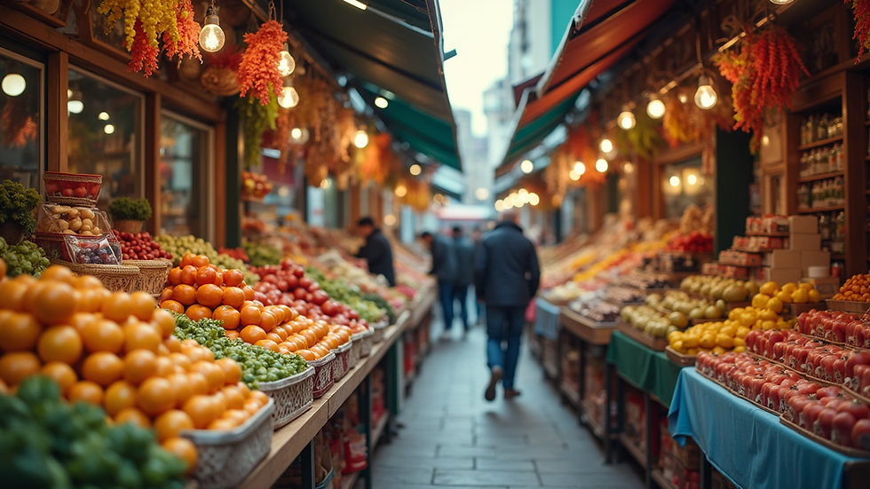 Eye-level view of a bustling marketplace filled with various goods