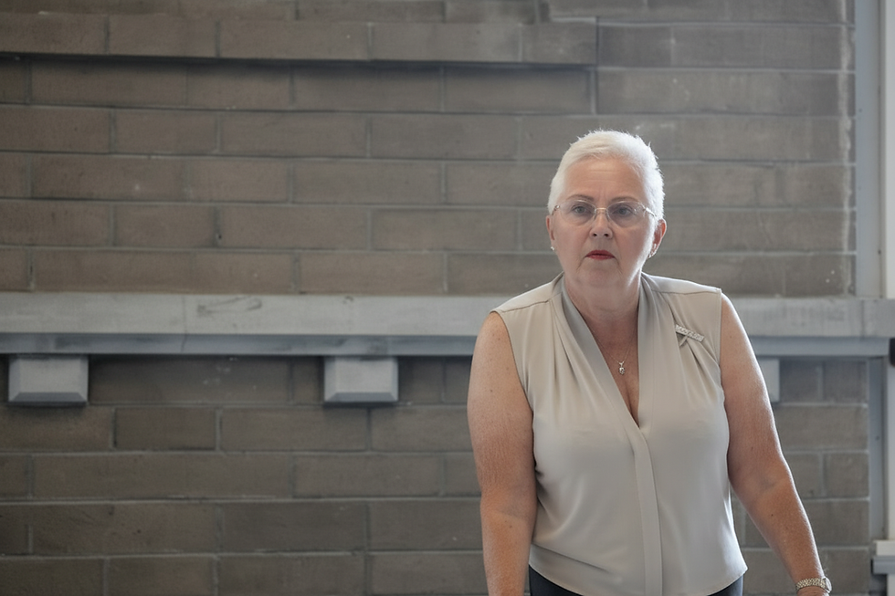 Portrait photo of an older woman with short white hair, wearing glasses and a sleeveless light gray top, standing in front of a brick wall, landscape orientation.