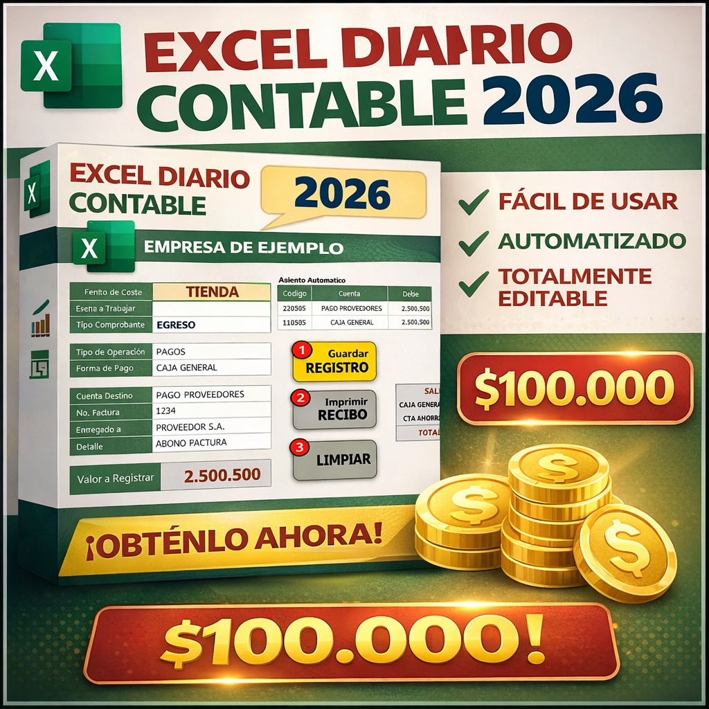 Plantilla Diario Contable 2026 en Excel – Sistema Automatizado Profesional