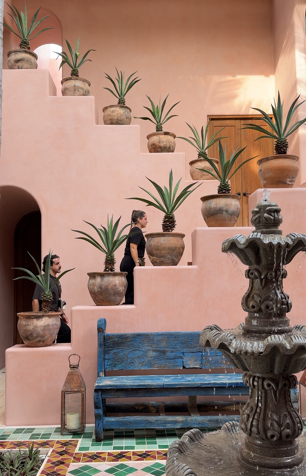the view of a Mexican pink house with a staircase, a fountian in the first position, and a light blue bench, a lot of plants on top of each step
