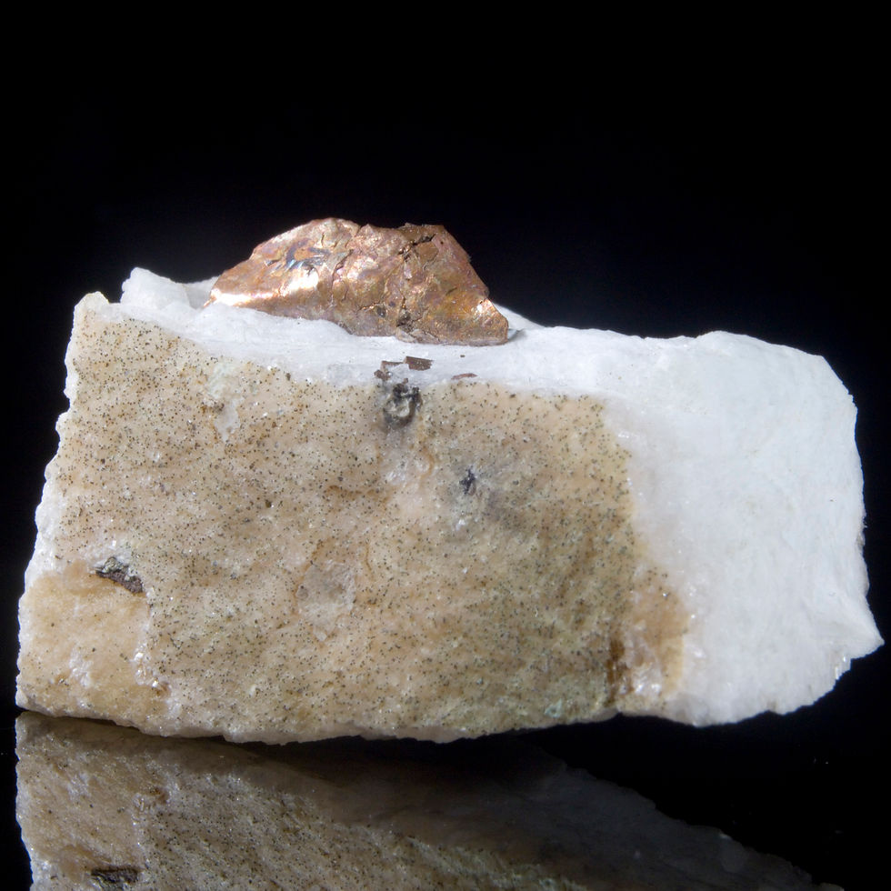 Thumbnail: A rare, natural occurrence of Native Copper within a matrix of Scolecite. The Copper is bright and exhibits some crystalline