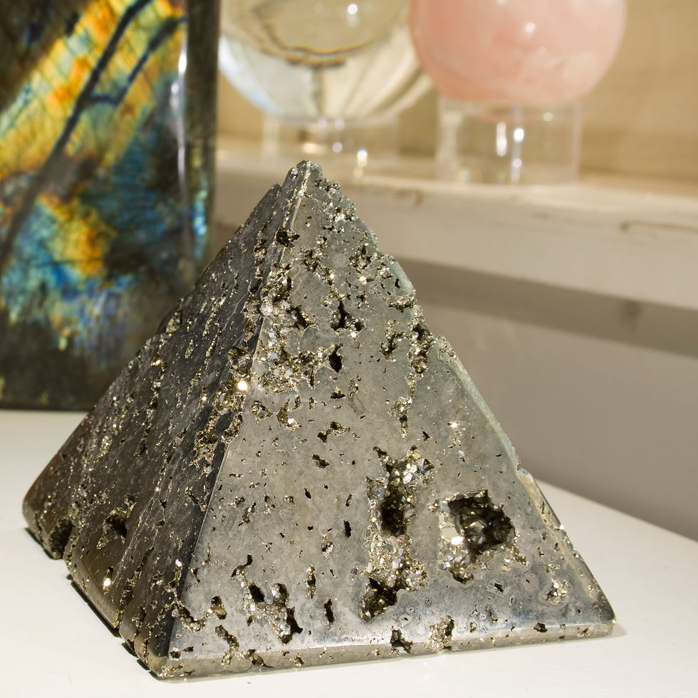 Peruvian Pyrite provides an appropriately ancient look to this Pyramid. Peru. 4.25" base, 3" tall, 1.69 lbs.