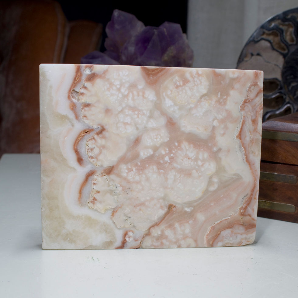 Bands of earth toned Honey Agate, translucent in parts, make a compelling natural windowsill companion! Mexico, 4" x .33 x 3.