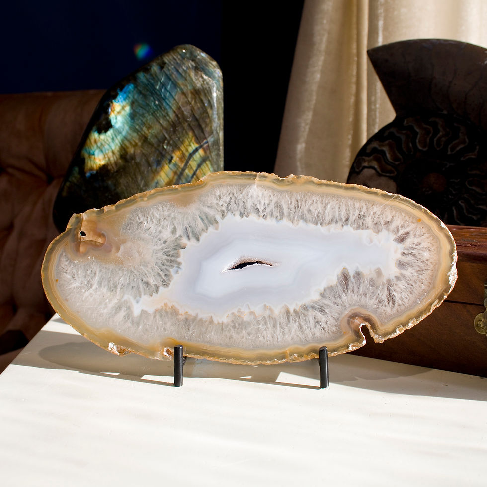 Thumbnail: Agate, Nature's Stained Glass! Particularly picturesque thin, translucent banded Agate, stand included for an optimal display