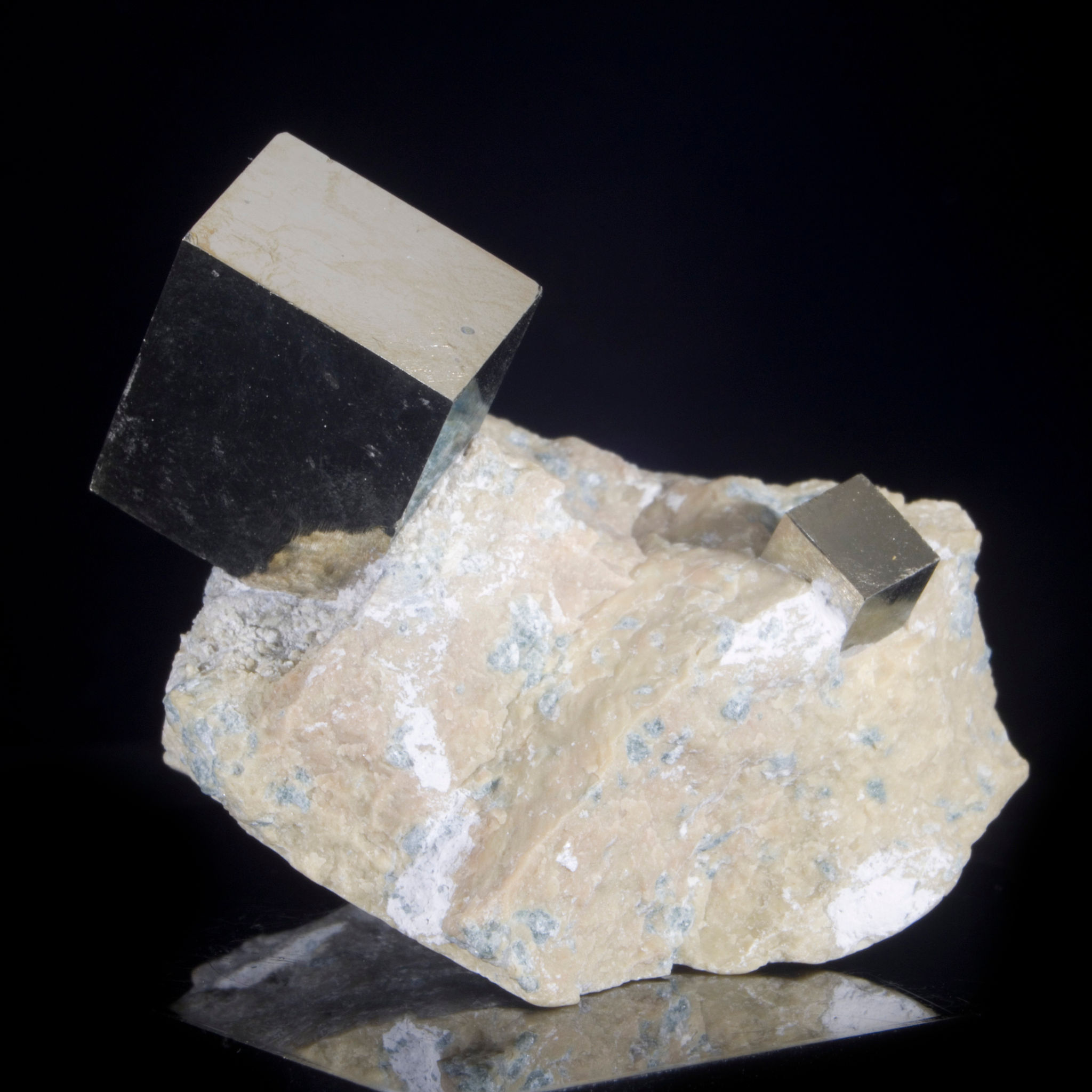 Two Crystals of Cubic Pyrite on Marl - Navajún, Spain - Studio Mineralia Earth Art Gallery