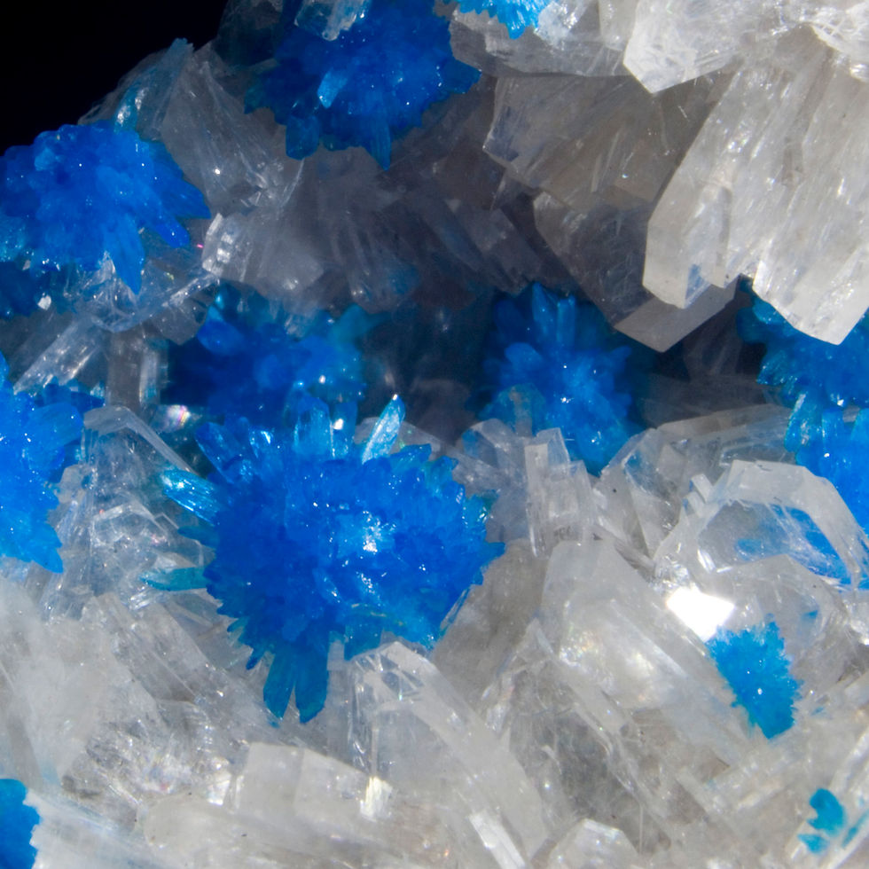 Thumbnail: A small cabinet masterpiece. Cavansite & Pentagonite, well protected by the dynamic undulations of the gemmy Heulandite on Ba