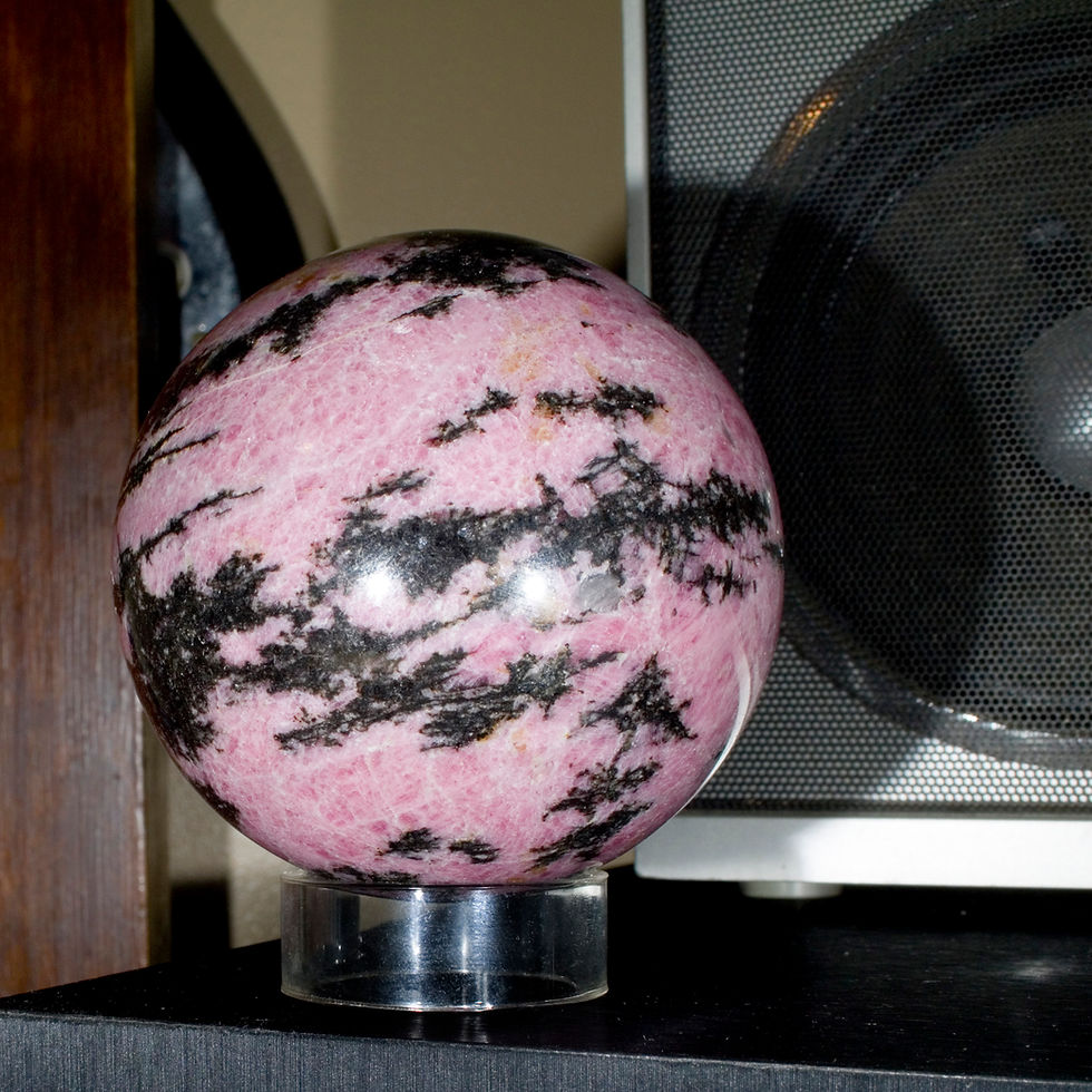 Thumbnail: Beautiful Pink & Black Rhodonite mineral spheres contain striking contrasts within themselves. 3", ~1.5 lbs. Acrylic stand in