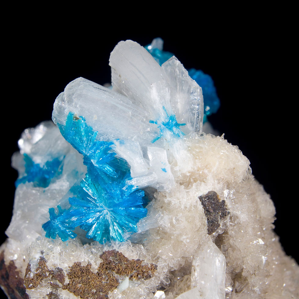 Thumbnail: Bright Blue Cavansite Flower with Stilbite on Heulandite. Studio Mineralia Earth Art Gallery