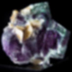 Multiple cubic crystals of Fluorite, each highlighted by a bright violet core, accented with rounded blades of Siderite. A ca