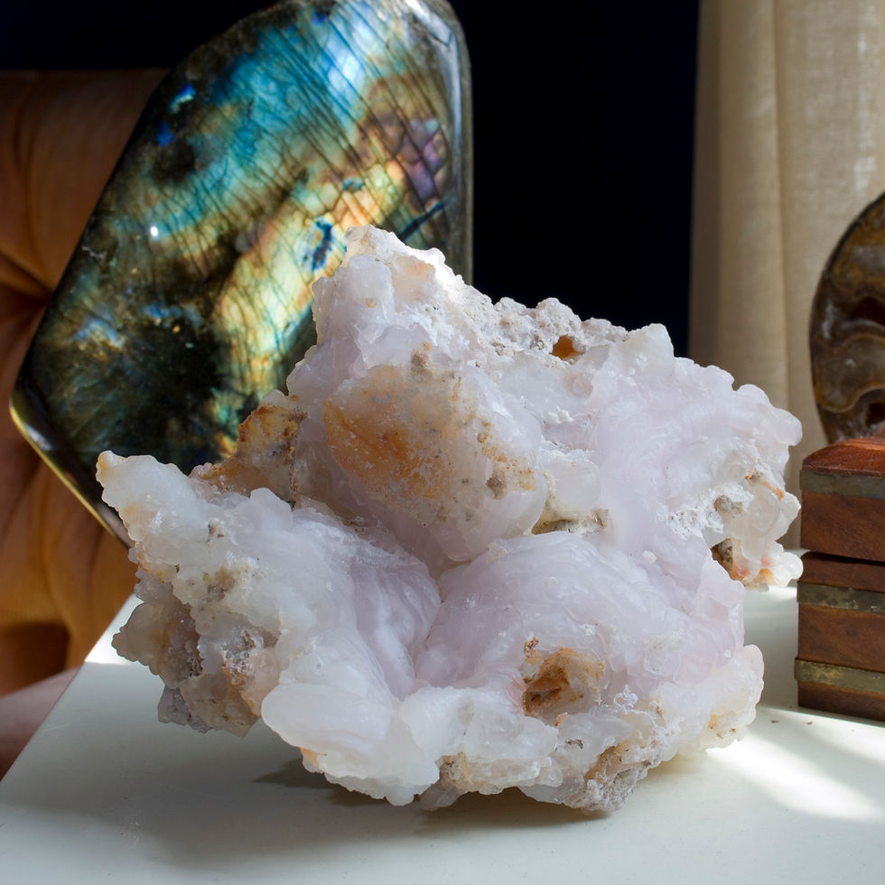 Thumbnail: Beautiful bubbly botryoidal Pink Chalcedony, turns bright green under Shortwave UV! This 1.5 pound display piece is a colorfu