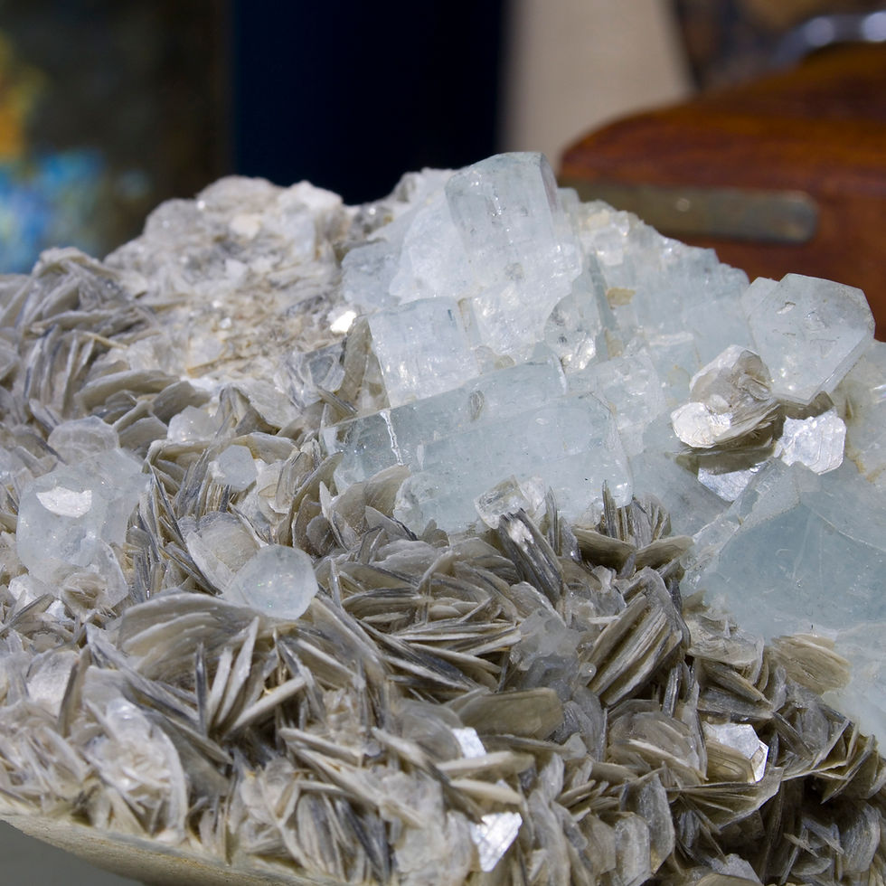 Thumbnail: A glacier of massive Aquamarine finishes wtih multiple gemmy, terminated natural Aquamarine crystals with Muscovite mica make