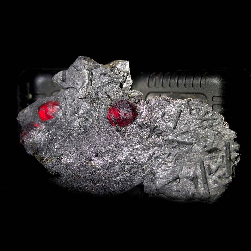 Thumbnail: Almandine-Pyrope Garnet and Dravite Tourmaline in Graphite - Red Embers Mine, MA - Studio Mineralia Earth Art Gallery