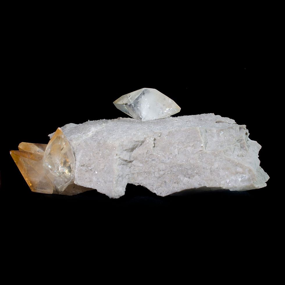 Thumbnail: Twinned Calcite with Dolomite & Quartz on Dolostone - Cumberland Mine, USA. Studio Mineralia: The Earth Art Gallery