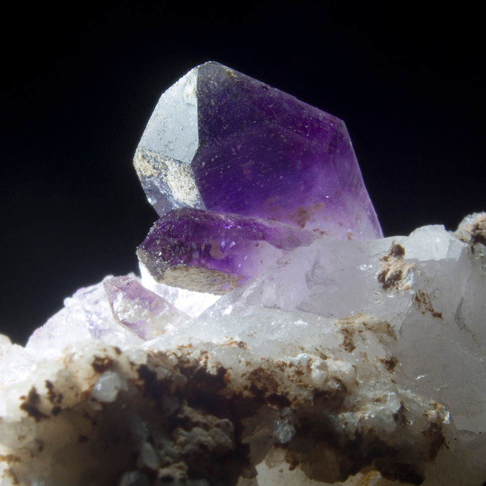 Thumbnail: Three terminated crystals of Amethyst in descending size highlight this Quartz matrix miniature. Sits perfectly as shown. Bra