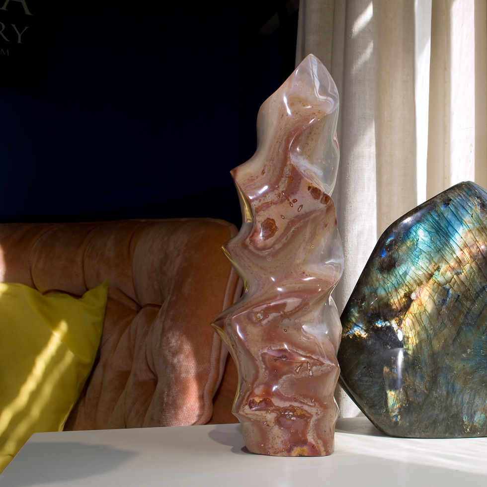 Thumbnail: This graceful, undulating hand-shaped Jasper sculpture features waves of color and form. Madagascar. 3.5" x 3" x 10", 3.77 lb
