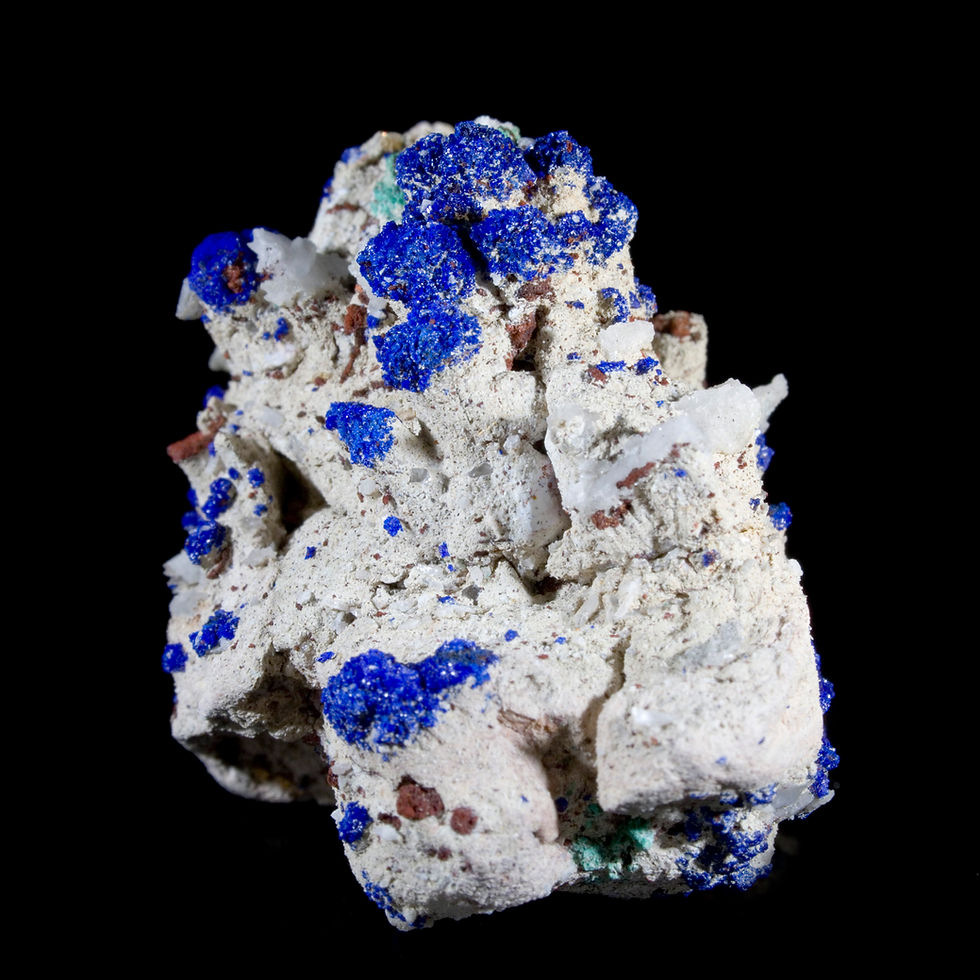 Thumbnail: Bright blue crystals of Azurite with small Cerussite crystals and minor Malachite. Studio Mineralia Earth Art Gallery