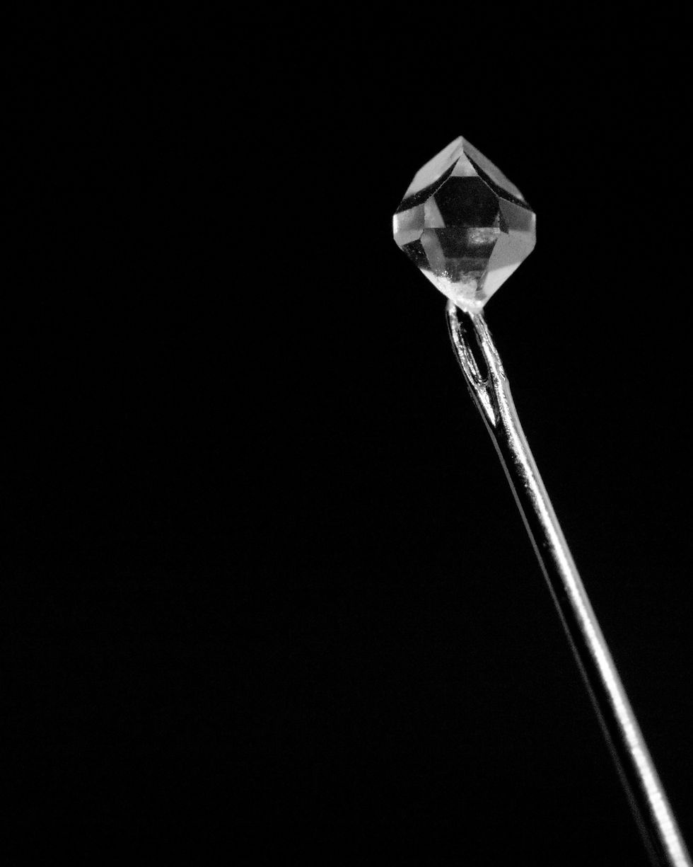 'Balance'  Herkimer Diamond, Sewing Needle. - Geology Print on Aluminum