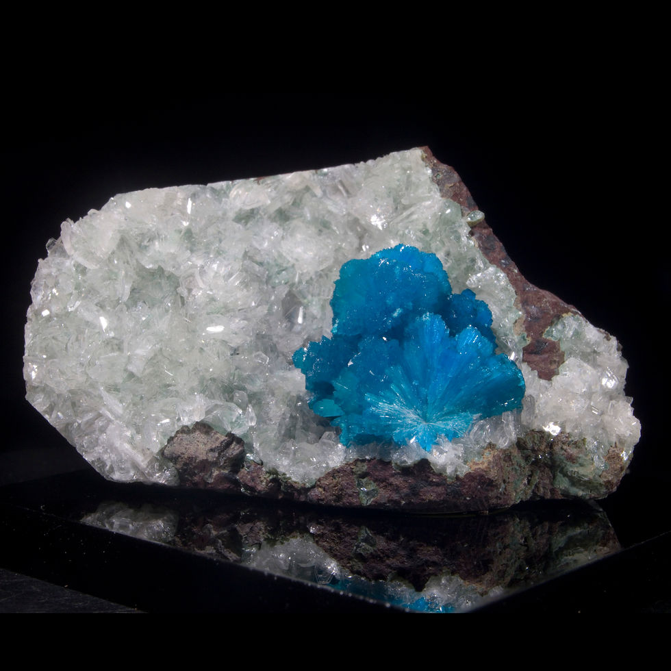 Thumbnail: This large cluster of Cavansite crystals sits perfectly on a canvas of clear, terminated crystals Heulandite. Bright blue, sl