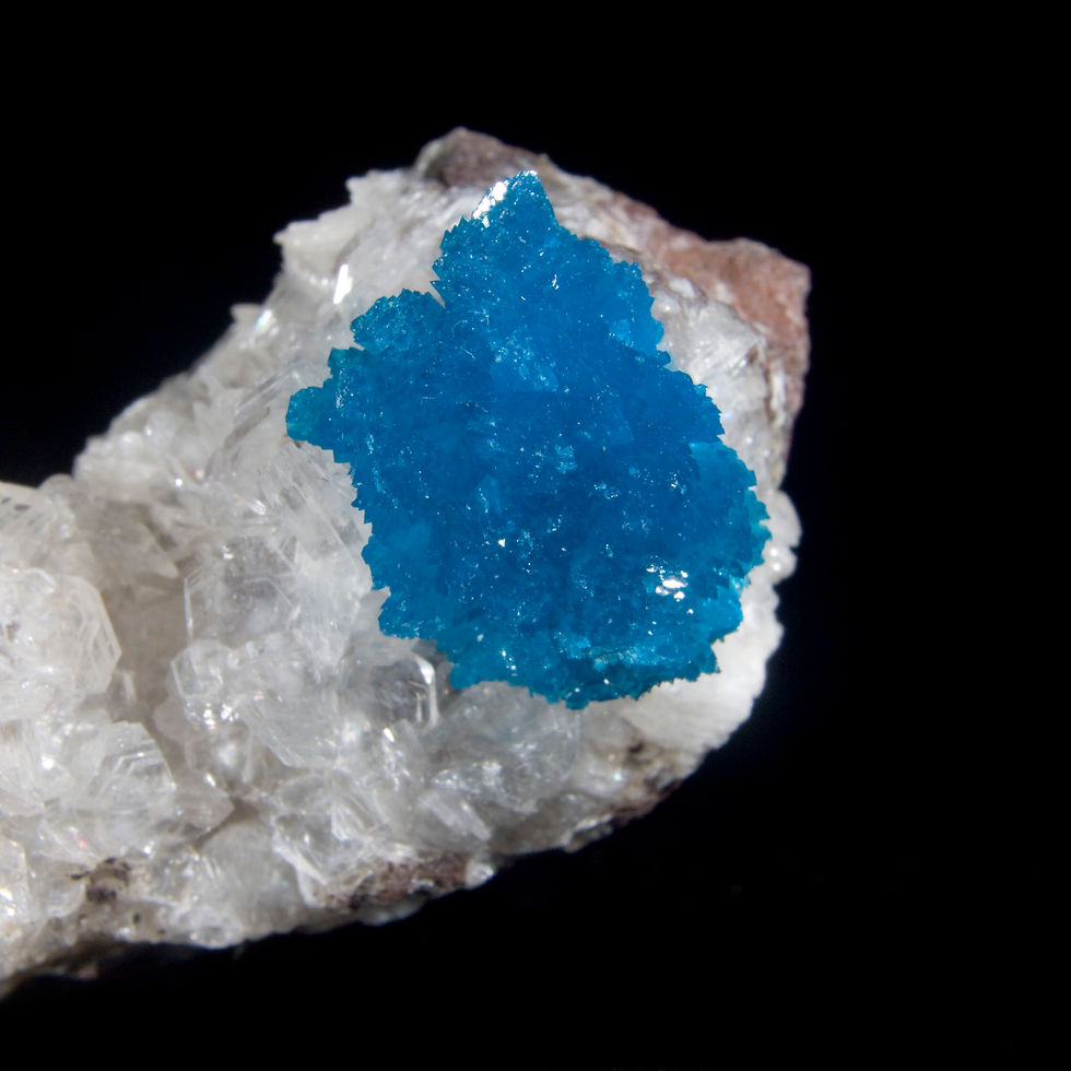 Thumbnail: A nicely terminated cluster of Cavansite crystals on gemmy miniature Heulandite. Wagholi Quarry, Pune, Maharashtra, India. 1.
