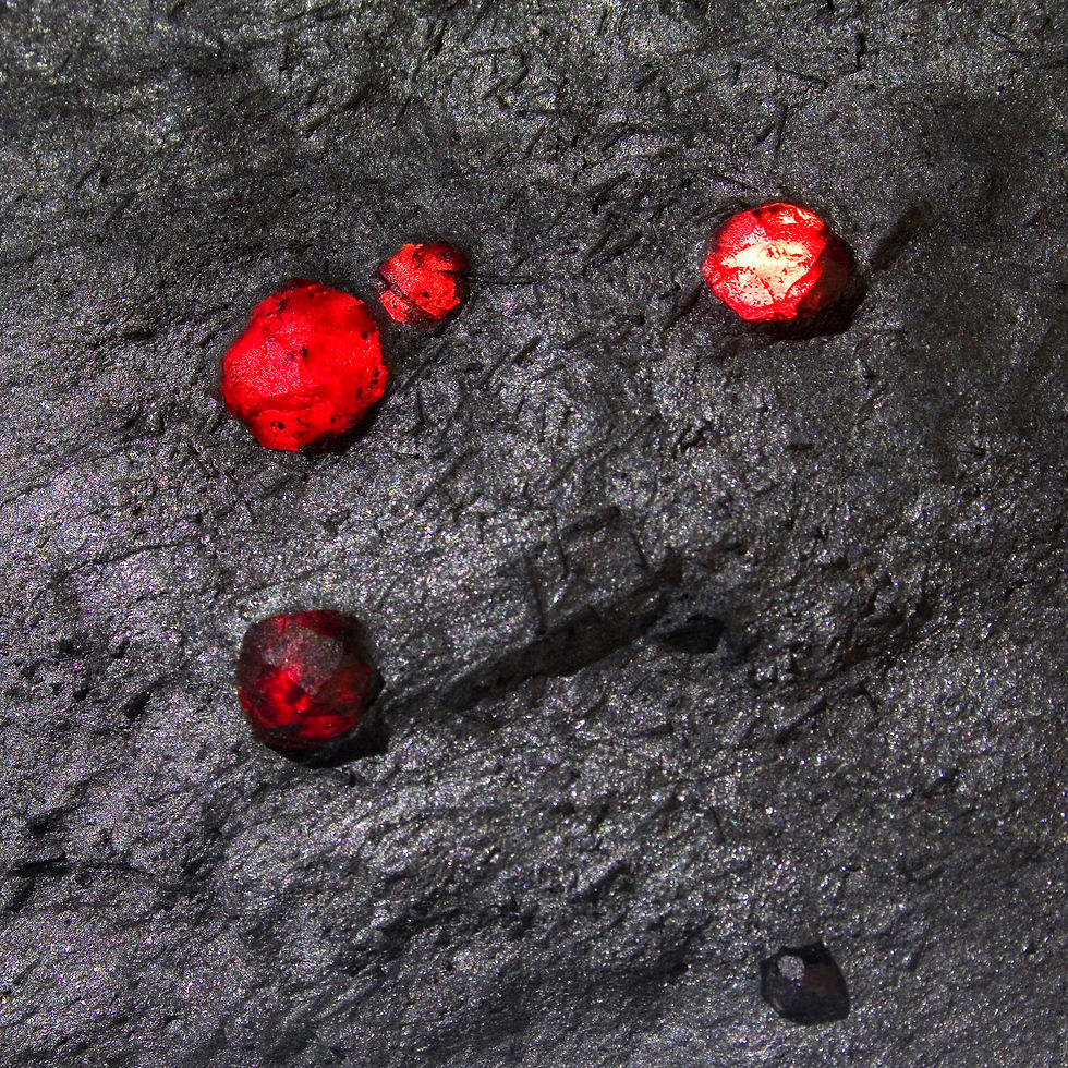 Thumbnail: Almandine-Pyrope Garnet and Dravite Tourmaline in Graphite - Red Embers Mine, MA - Studio Mineralia Earth Art Gallery