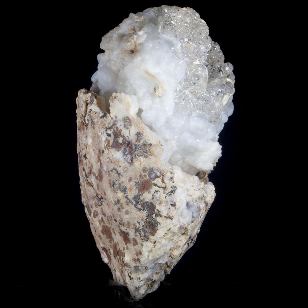 Thumbnail: Hyalite Opal on Chalcedony. This clear opal glows bright green under shortwave UV light! Studio Mineralia Earth Art Gallery