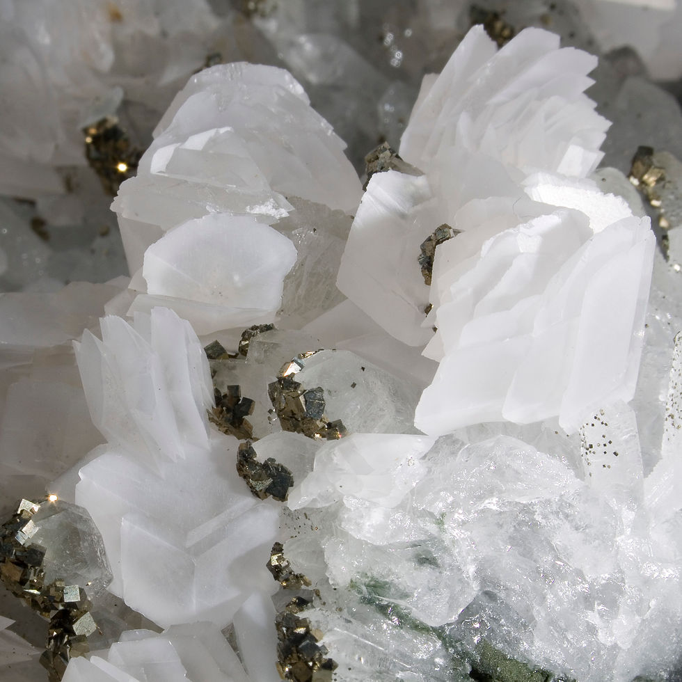 Thumbnail: Manganoan Calcite with Quartz and Pyrite - Manaoshan Mine, China - Studio Mineralia Earth Art Gallery
