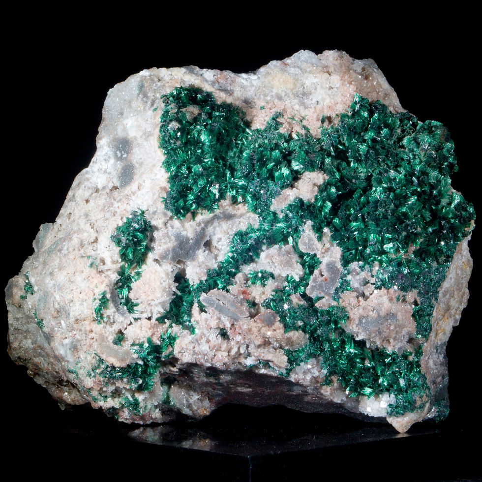 Thumbnail: Bright Green Malachite in its spectacular primary form. Sprays of Malachite line the peaks and valleys of this perfectly-pres