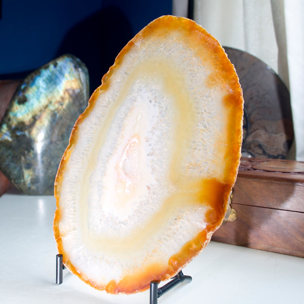 Agate, Nature's Stained Glass! Particularly picturesque thin, translucent banded Agate, stand included for an optimal display
