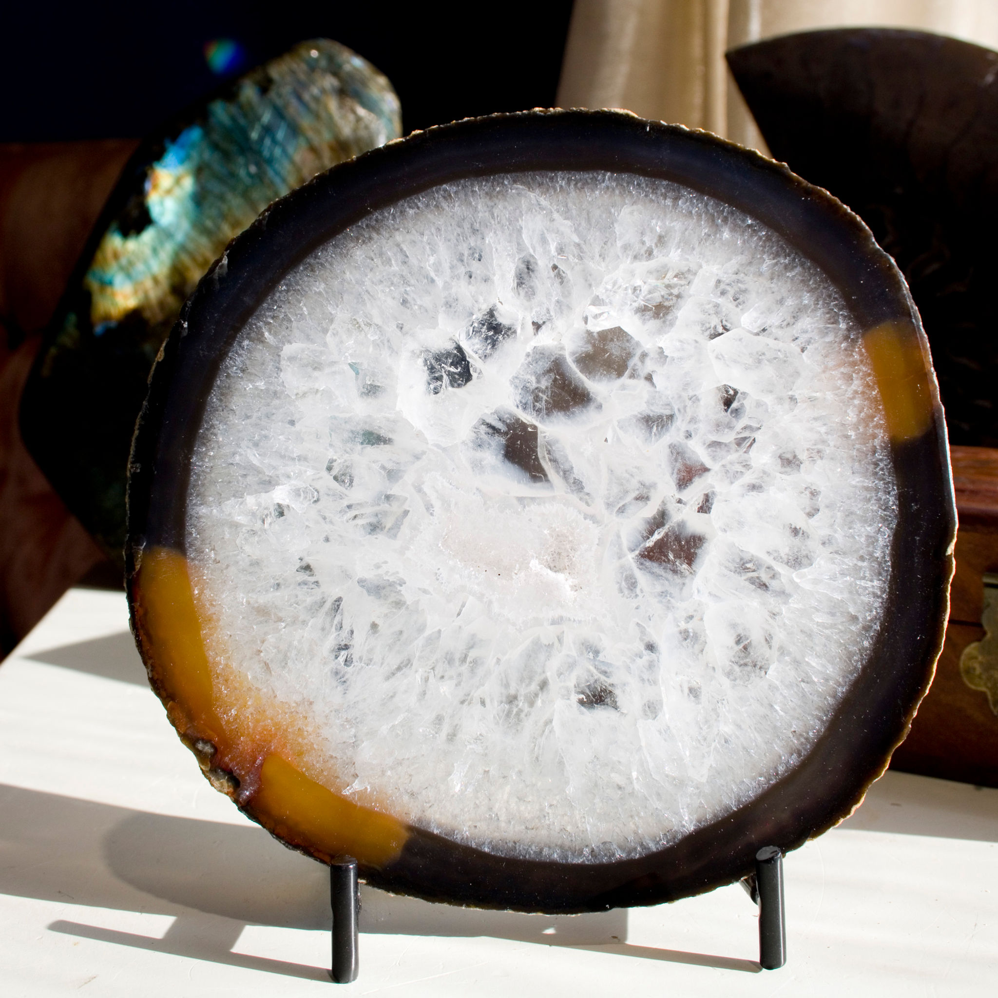 Amazing Agate, Nature's Stained Glass! Particularly picturesque thin, translucent banded Agate, stand included for an optimal