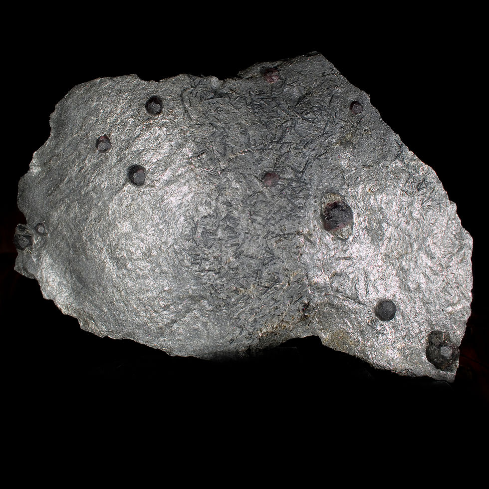 Thumbnail: Almandine-Pyrope Garnet and Dravite Tourmaline in Graphite - Red Embers Mine, MA - Studio Mineralia Earth Art Gallery