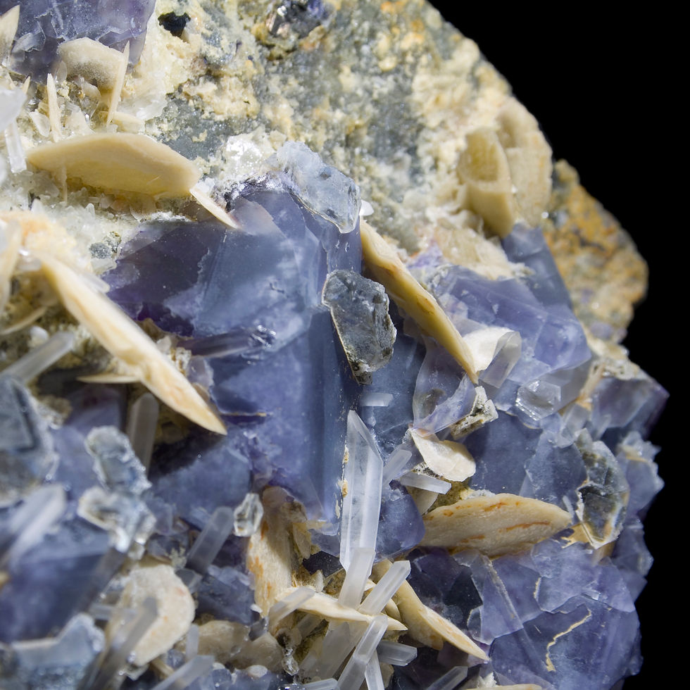 Thumbnail: Quartz scepters, Purple cubic and Black Phantom Fluorite are the main features while just below the surface veins of Pyrite a