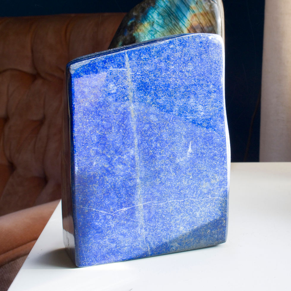 Polished Afghan Lapis Lazuli slab swirls with bands of Sodalite and sparkling golden Pyrite. Freestanding, hand polished and