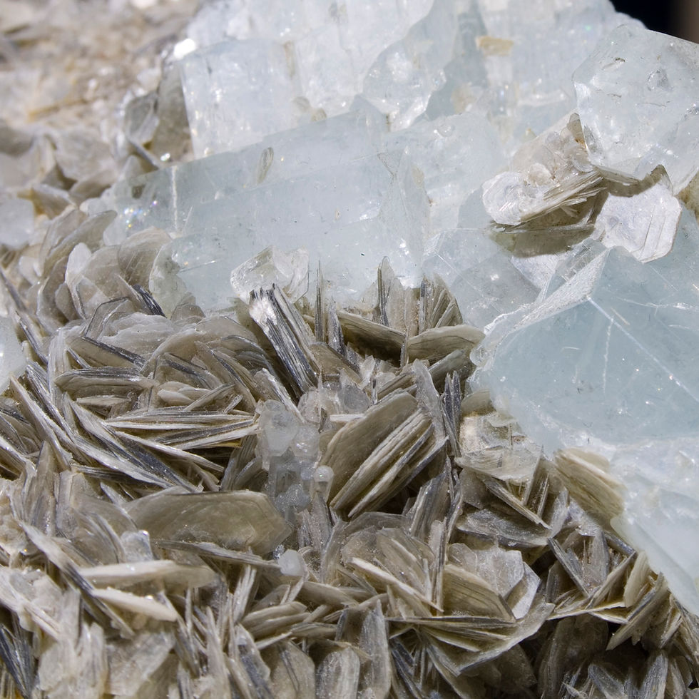 Thumbnail: A glacier of massive Aquamarine finishes wtih multiple gemmy, terminated natural Aquamarine crystals with Muscovite mica make