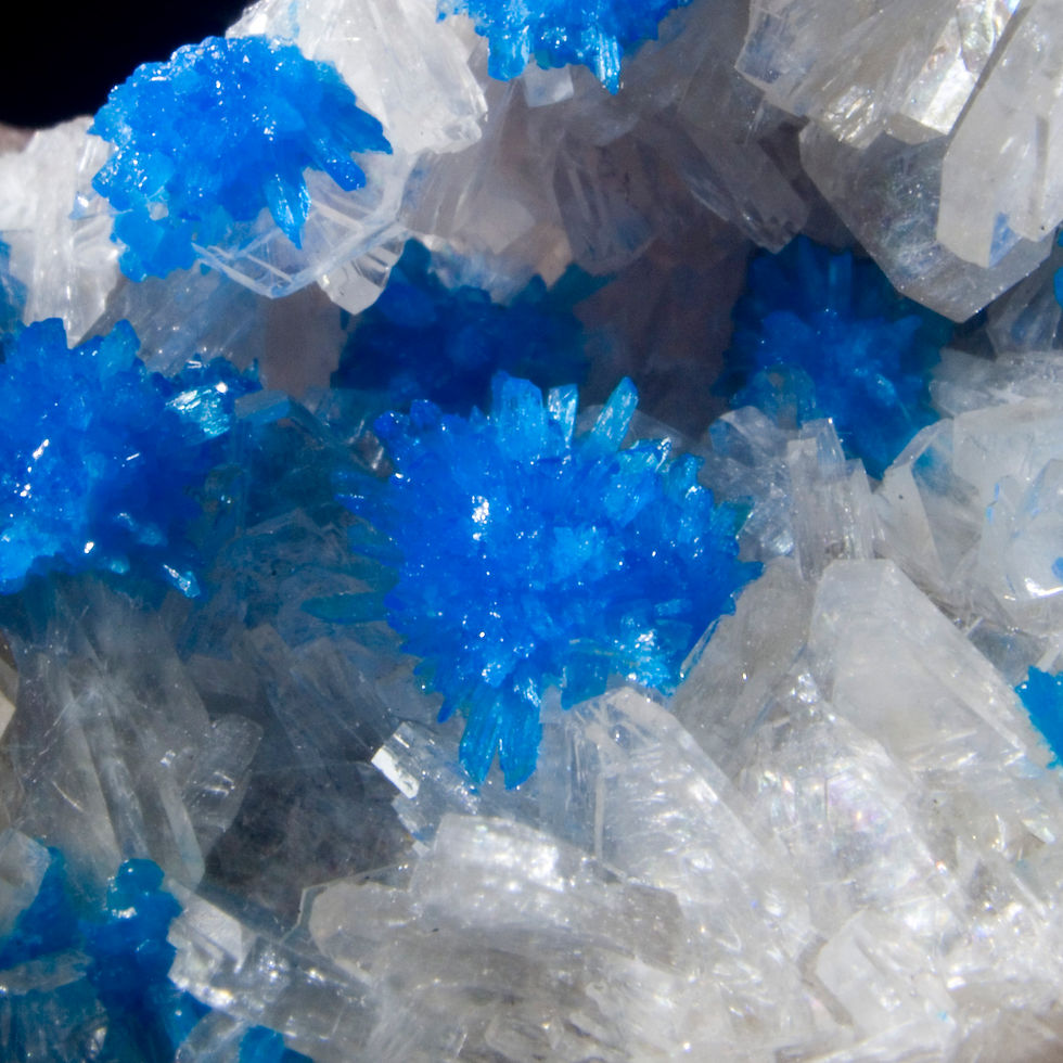 Thumbnail: A small cabinet masterpiece. Cavansite & Pentagonite, well protected by the dynamic undulations of the gemmy Heulandite on Ba