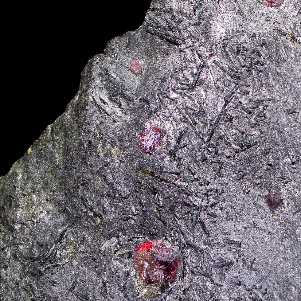 Thumbnail: Almandine-Pyrope Garnet and Dravite Tourmaline in Graphite - Red Embers Mine, MA - Studio Mineralia Earth Art Gallery