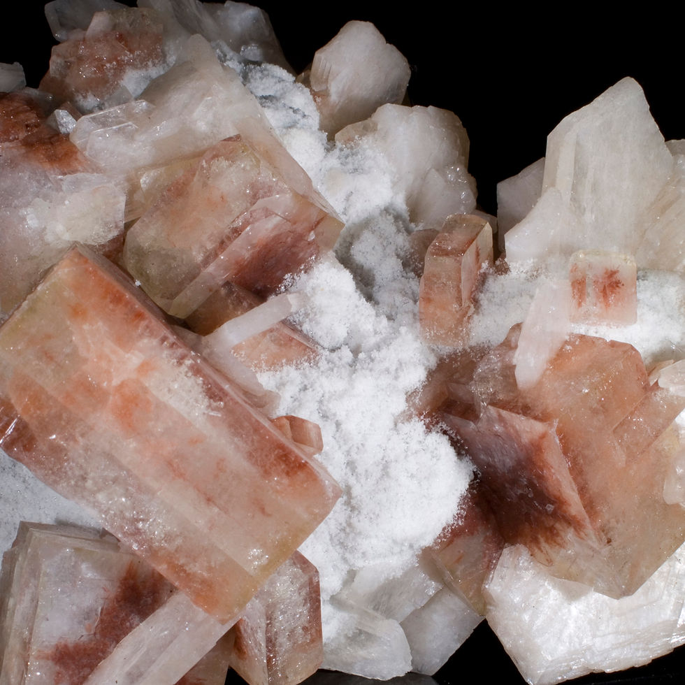 Thumbnail: large multi-crystal cluster of rare Red Apophyllite. Nicely gemmy and well formed cubic crystals of Red Apophyllite,