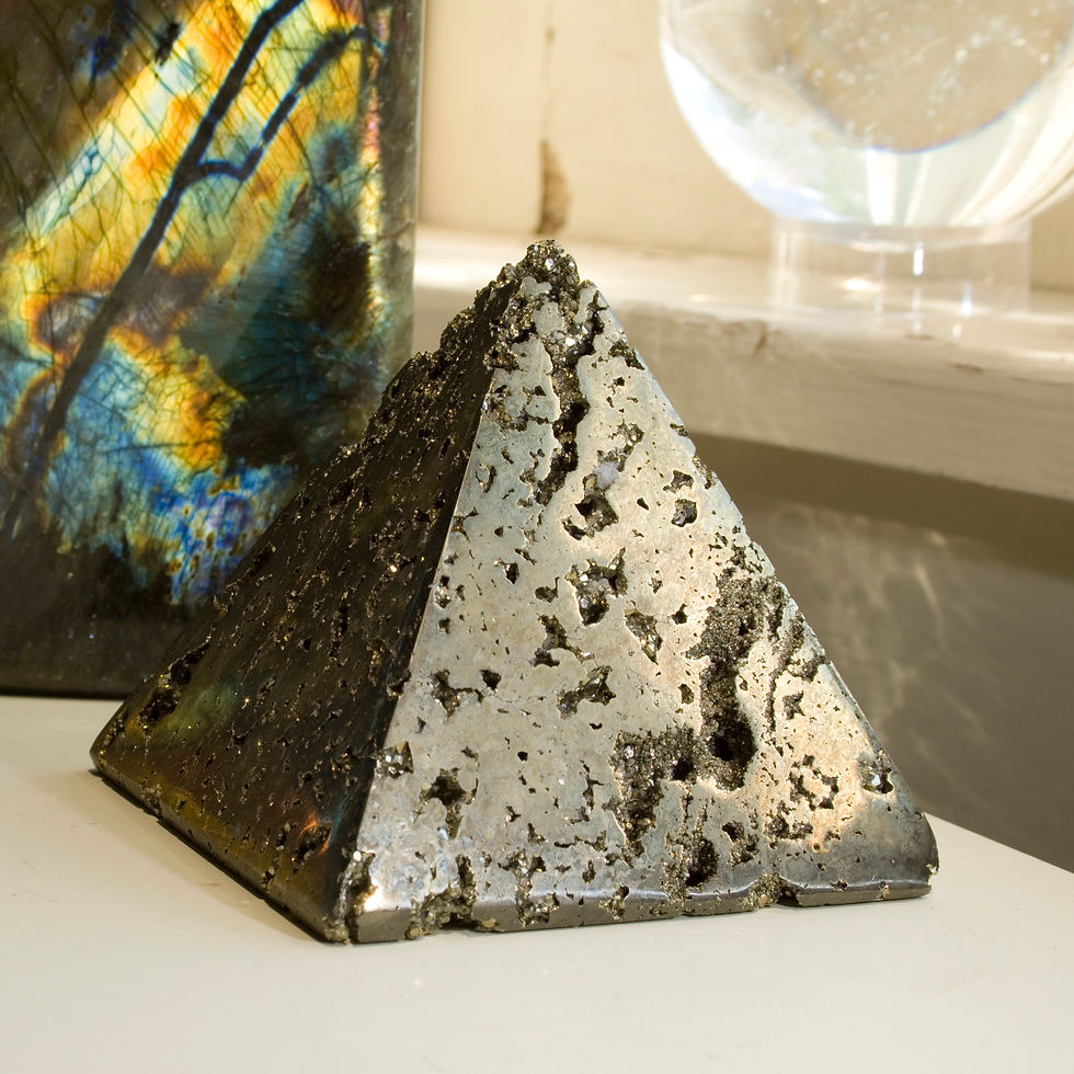 Peruvian Pyrite provides an appropriately ancient look to this Pyramid. Peru. 4.25" base, 3" tall, 1.69 lbs.