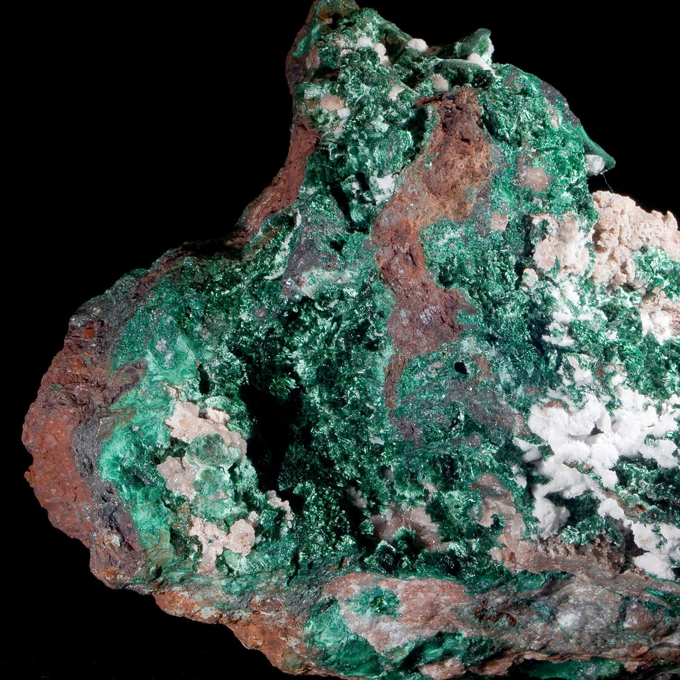 Thumbnail: The deep vugs in the matrix provide perfect shelter for an array of vibrant green Malachite, from from fibrous crystals to su