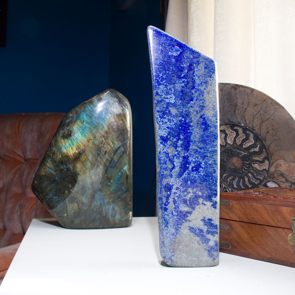 Polished Afghan Lapis Lazuli swirls with bands of Sodalite and sparkling golden Pyrite. Bright and beautiful natural decor. H